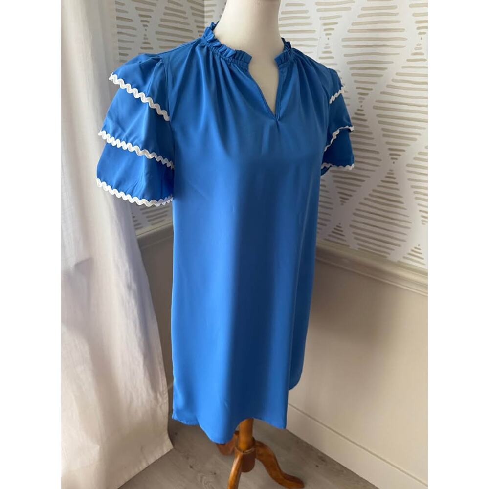 Jess Lea Women’s Large Blue Kersten Ric Rac Ruffle Shift Dress - Picture 7 of 8